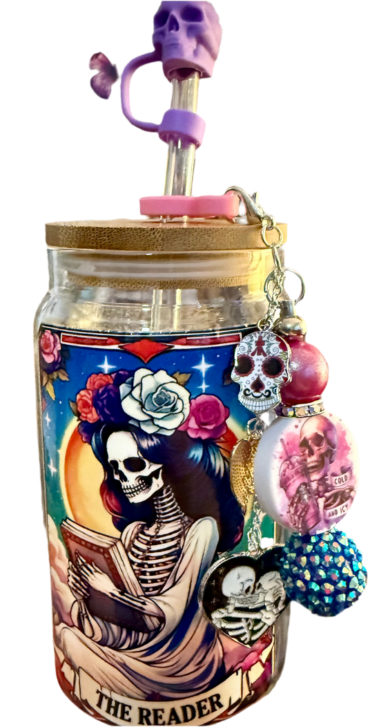 16oz glass cup with cup charm and straw topper